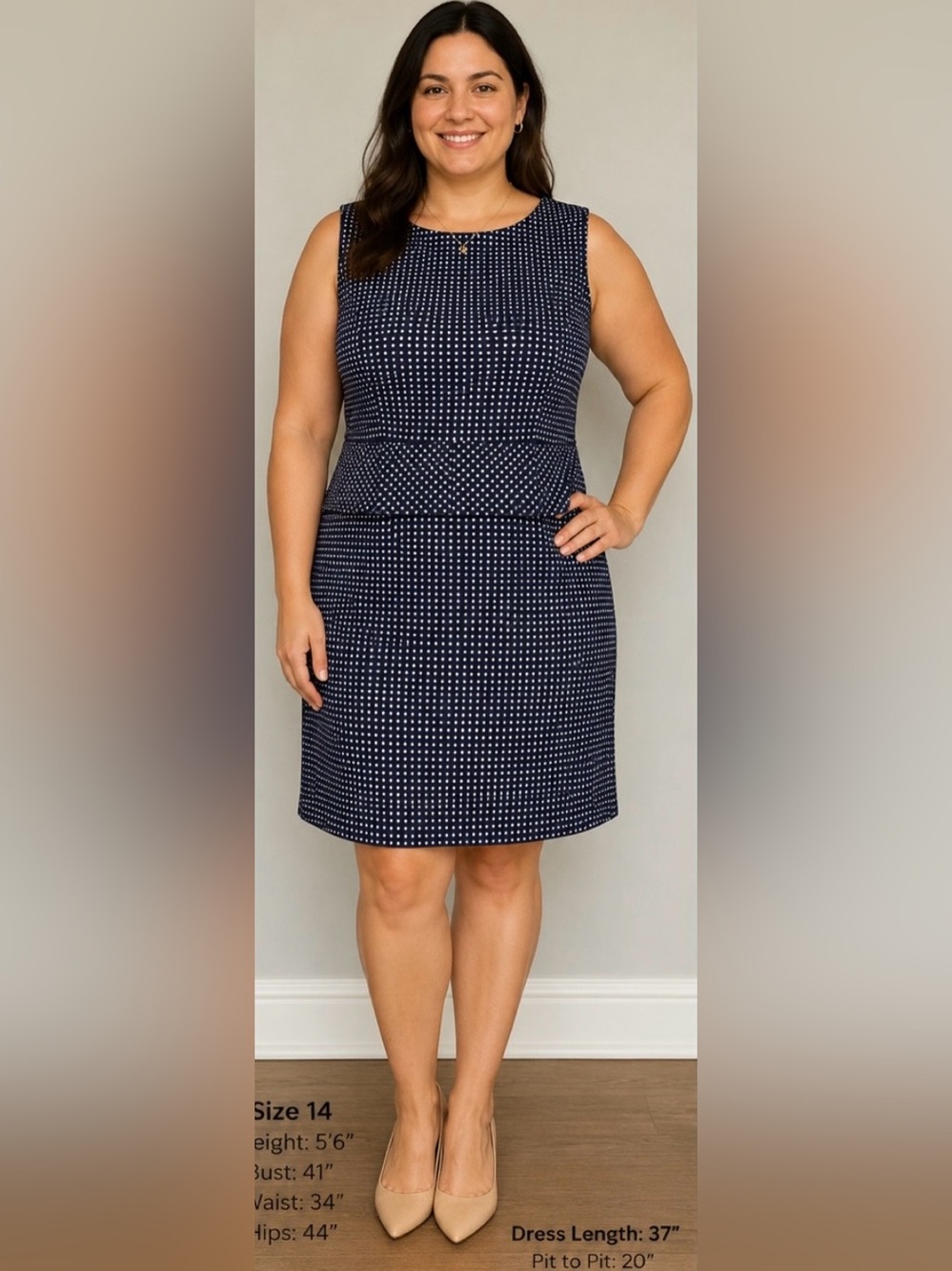 Tahari Arthur S. Levine Navy Polka Dot Peplum Sheath Dress Sz 14 Career Cocktail